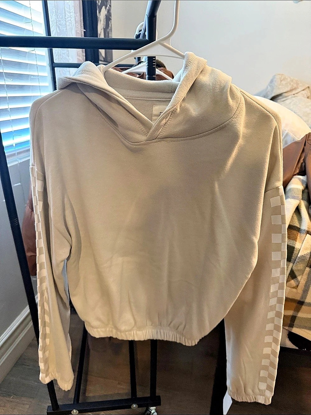 Felix Checkerboard Sleeve Hoodie in Cream Size Small Like New